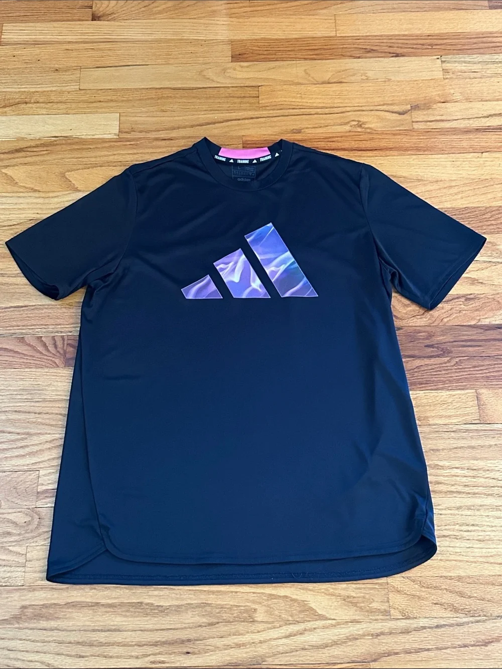 adidas Black Short Sleeve Tee with Iridescent Purple Logo Sz L